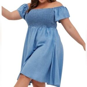 Torrid Blue Chambray Off-Shoulder Smocked Skater Dress